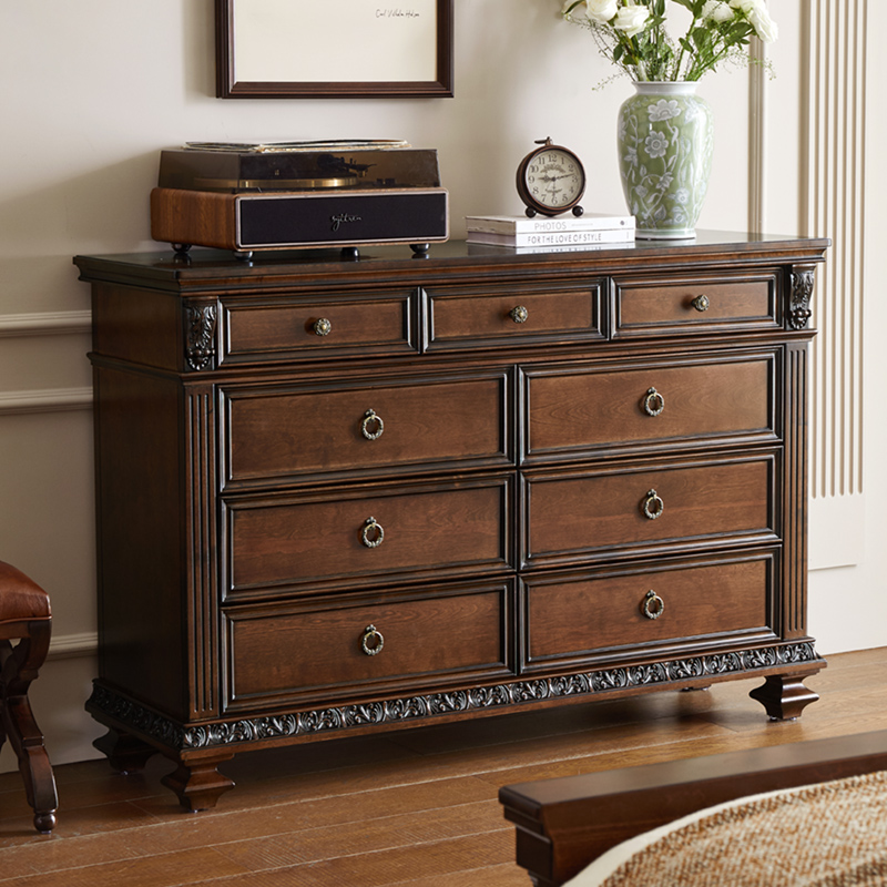 美式复古纯实木九斗柜卧室储物柜雕花收纳柜客厅别墅立柜抽屉柜子