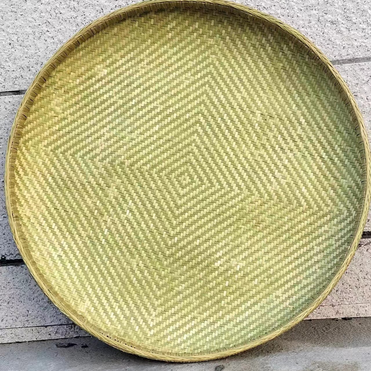 非遗竹编传承手工制作金竹精编簸箕一青一黄