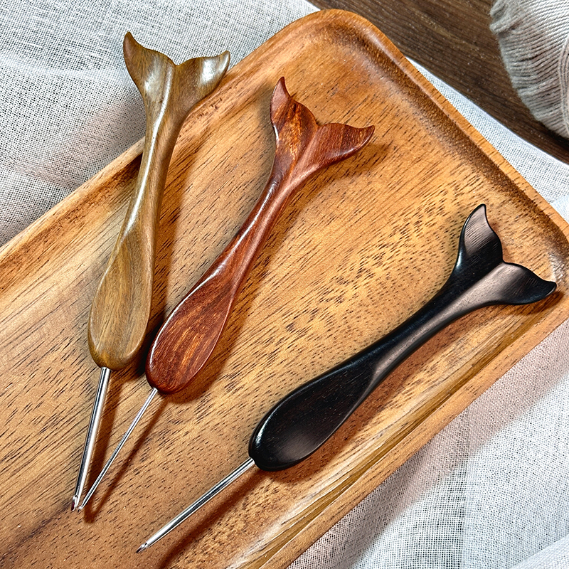 范士天然黑檀短柄钩针手工打磨不锈钢针编织鞋子娃娃围巾帽子工具