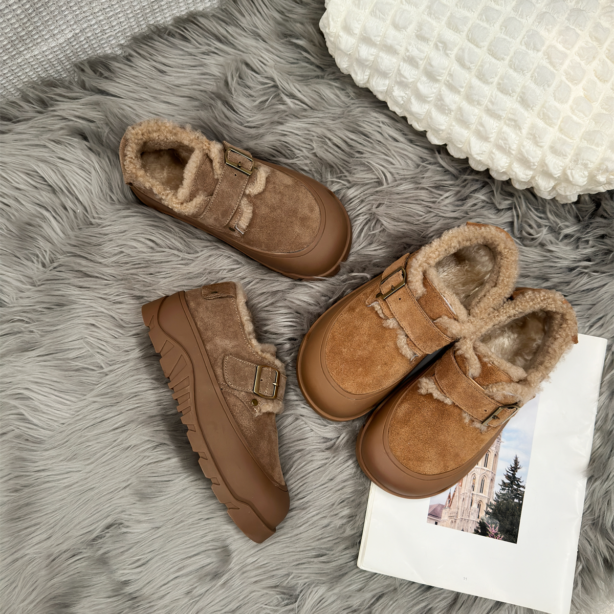 复古真皮保暖厚底增高加绒勃肯鞋女全包2024新款毛毛鞋雪地靴秋冬