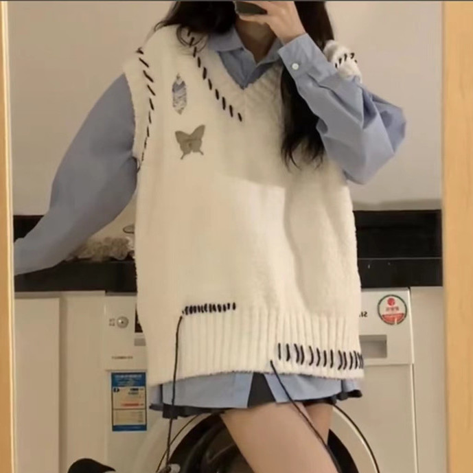 两件套装日系甜美V领蝴蝶明线拼色针织衫毛衣马甲背心女学生+衬衫