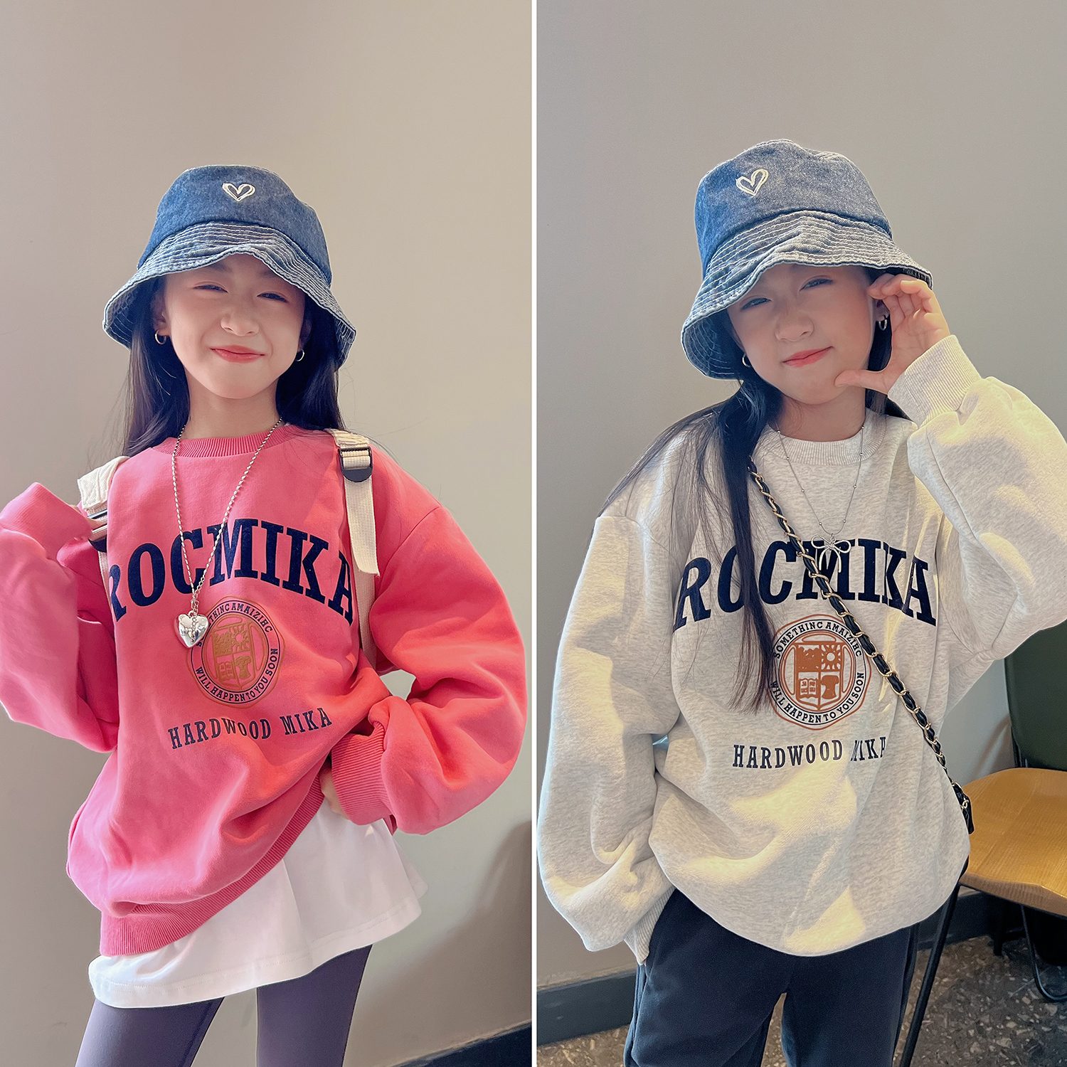 MIKA2024秋装新款中大男女童宽松植绒印花圆领长袖加绒卫衣套头衫