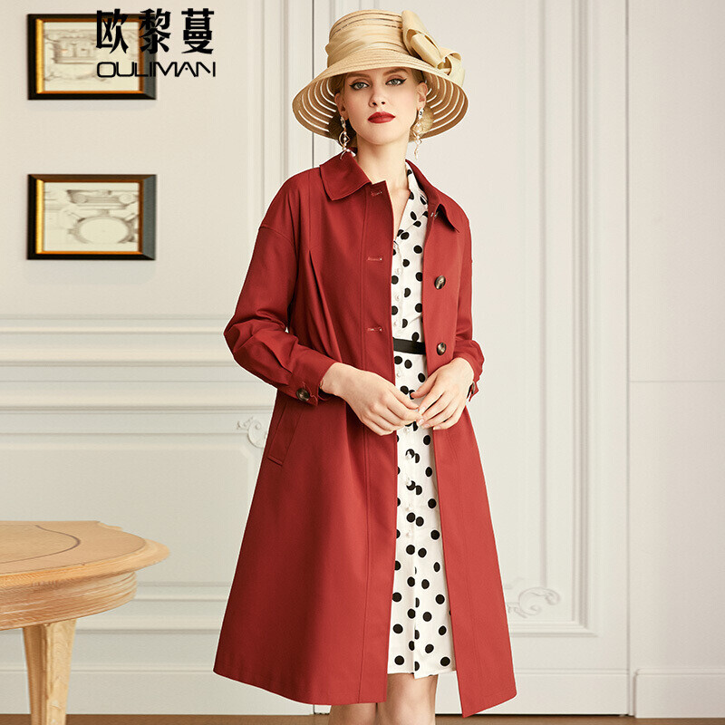 【俏姐姐】休闲砖红色chic港风气质收腰中长款风衣女士春秋新款