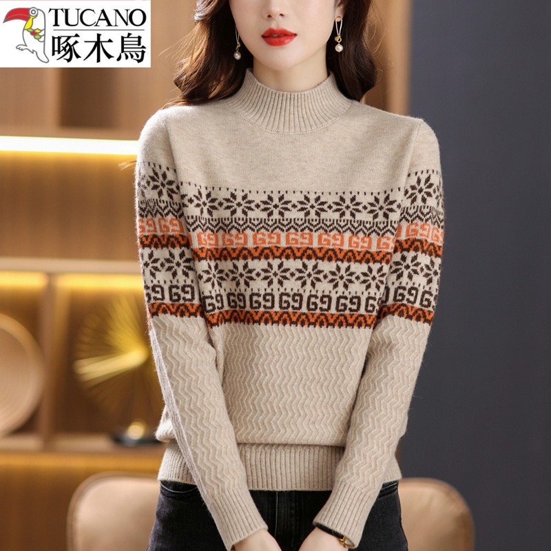 羊毛衫女半高领妈妈毛衣针织衫秋冬宽松提花套头打底