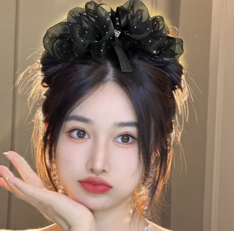 蝴蝶结抓夹黑色蓬松欧根纱女高颅顶盘发抓夹发夹闪闪头发鲨鱼夹子