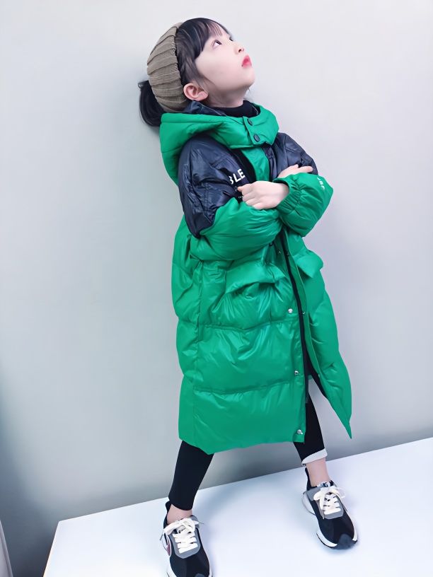 童装潮款Y女童中长款羽绒服冬装保暖外套新款潮韩版宽松拼色长款
