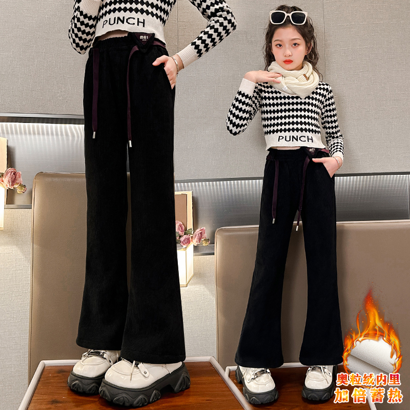 女童裤子秋冬款2023新款儿童加绒喇叭裤中大童冬季休闲微喇叭长裤
