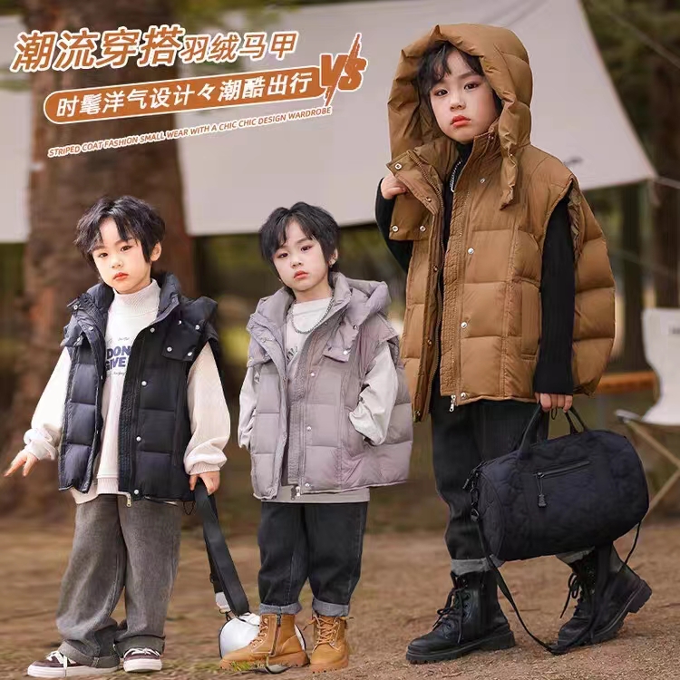 A20-2329款童装羽绒马甲冬季新款儿童开衫连帽中大童女孩外套