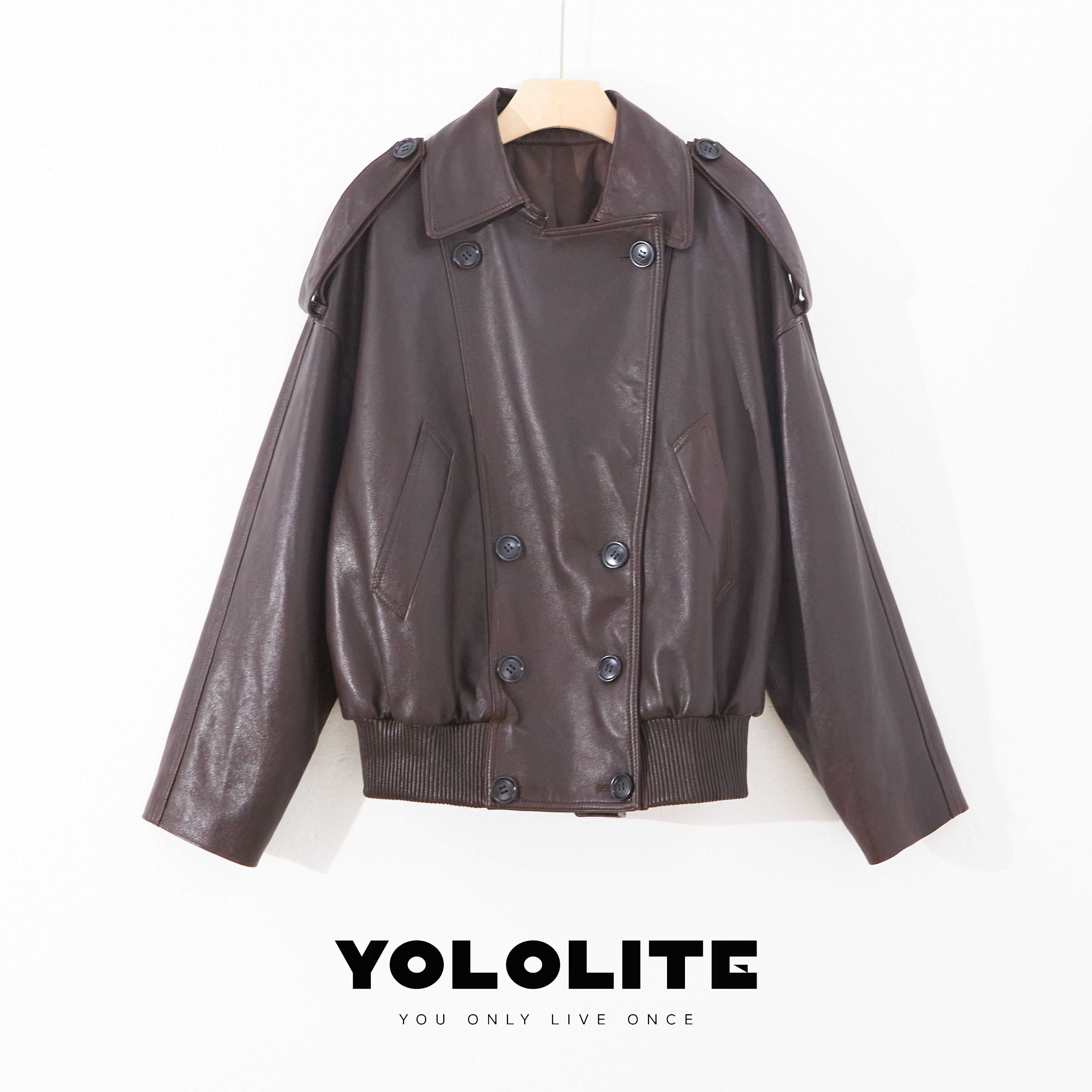 YOLOLITE【无畏】2056高品绵羊皮夹克棕红色宽松机车外套女