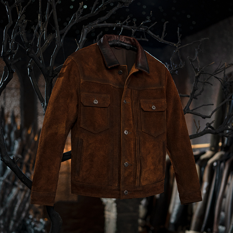 莫臣男装真皮皮衣F506 美式休闲短款牛皮反绒男士翻领修身皮夹克