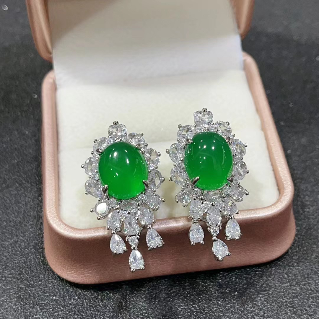 冰透绿玉髓耳钉镶嵌耳饰蛋面满绿耳坠女百搭耳环