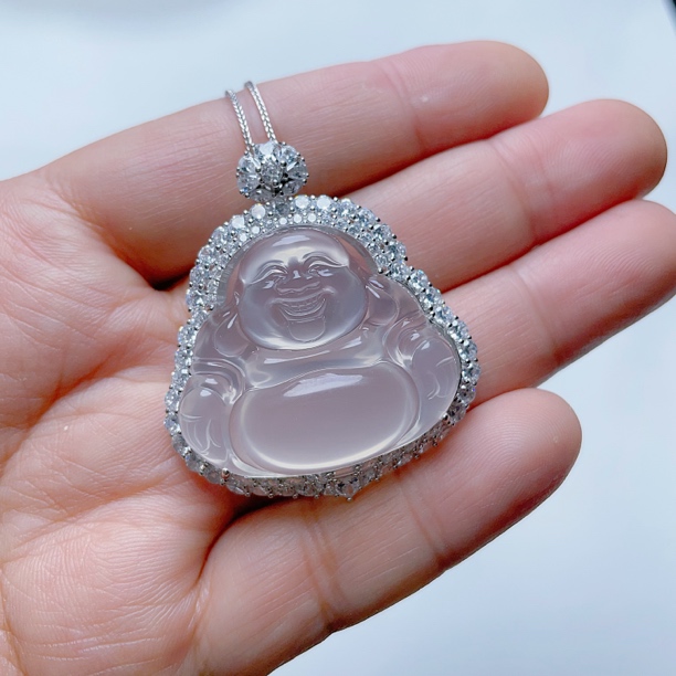 925银镶嵌白色玛瑙玉髓大号佛公弥勒佛玉石挂件吊坠