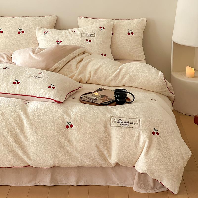 小樱桃-冬季少女心小樱桃绵羊绒四件套 加厚牛奶绒被套床上用品