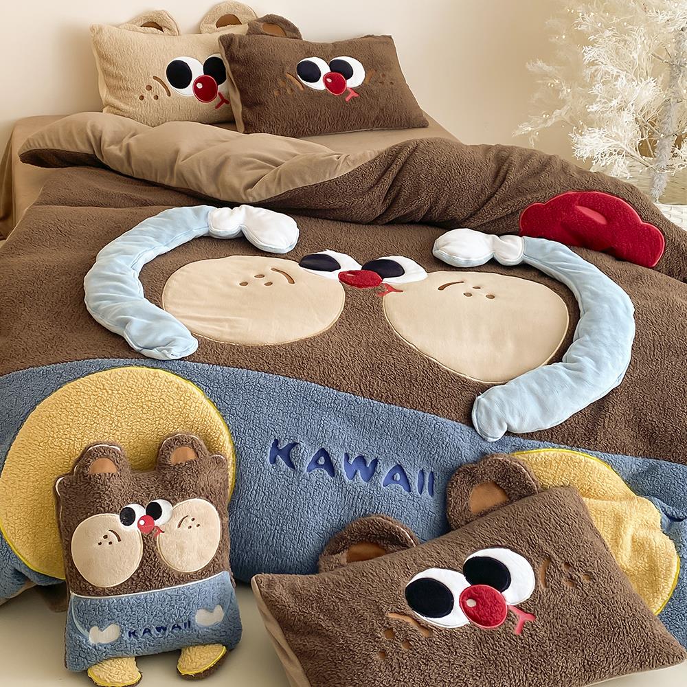 朵兰家纺-卡通秋冬泰迪绒四件套立体刺绣牛奶绒加厚绒被套床品