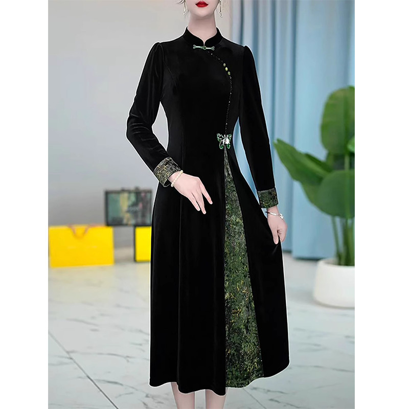 正品金丝绒新中式国风改良旗袍连衣裙女2024年秋季中年妈妈中长裙