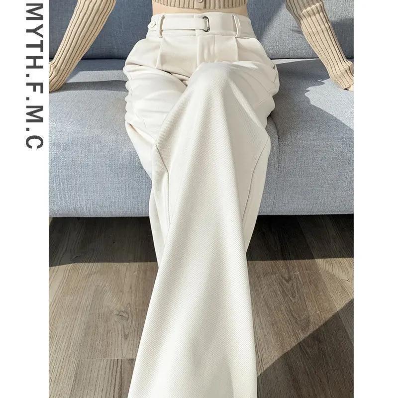 米白色毛呢高级感西装裤子女秋冬季2023新款窄版直筒阔腿裤垂坠感