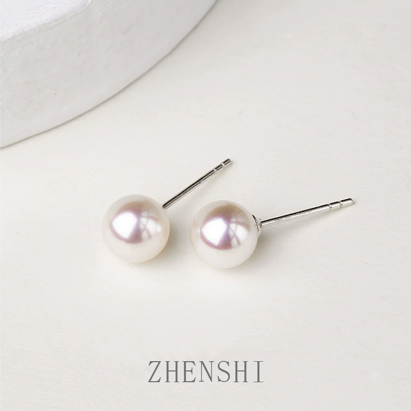 珍氏珠宝 天然淡水珍珠耳钉 正圆强光S925银素钉耳饰送女友（柚冰）