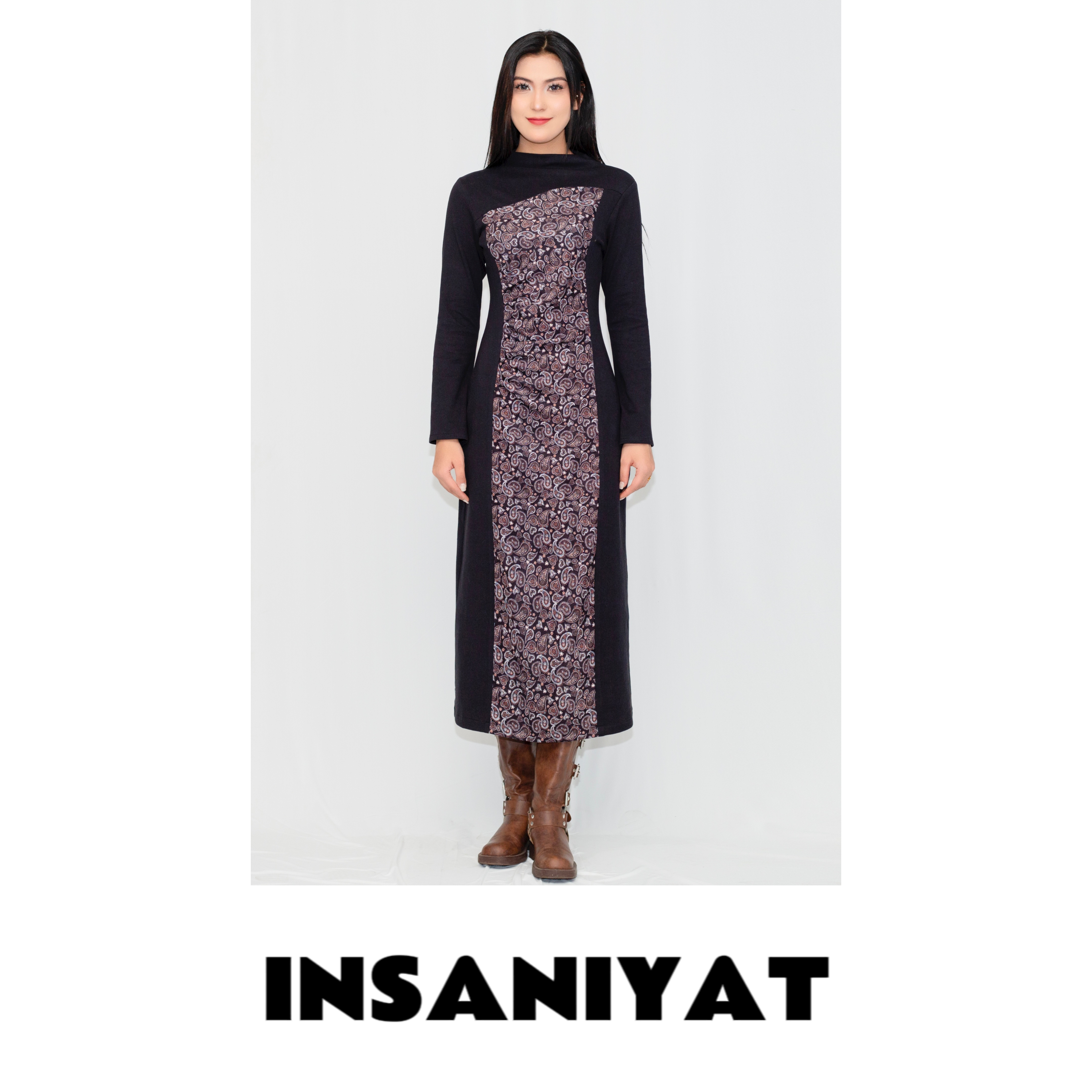 INNSANIYET/瑛沙昵雅BADAM腰果花纹民族风秋冬气质长袖女装连衣裙