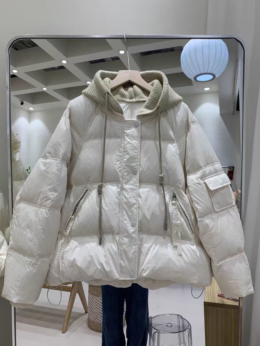 【白鸭绒】韩版针织连帽羽绒服女冬季新款加厚羽绒外套女宽松上衣