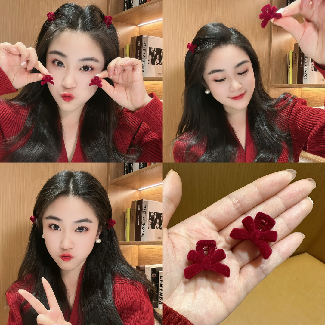 酒红色丝绒蝴蝶结抓夹精致百搭好看侧边夹公主头高级感