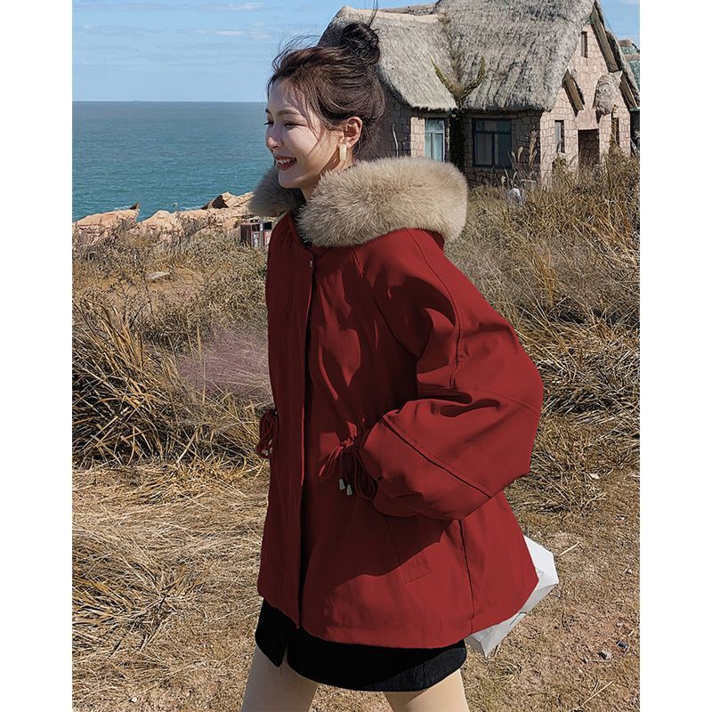 红色短款加厚派克服女小个子2023冬季新款宽松收腰设计感小众棉衣