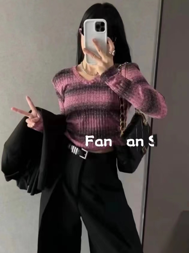春夏条纹毛衣条纹针织打底百搭时尚显瘦女装短款（No退No换）
