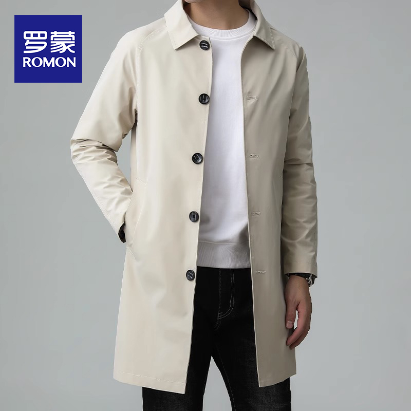 罗蒙春秋季男士外套宽松翻领夹克2025新款商务休闲中长款风衣男装