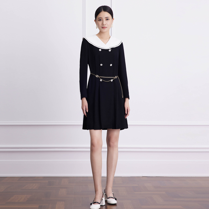 LIME/莱茵【邂逅巴黎】春季新款撞色翻领设计连衣裙LMEA1AWOP006