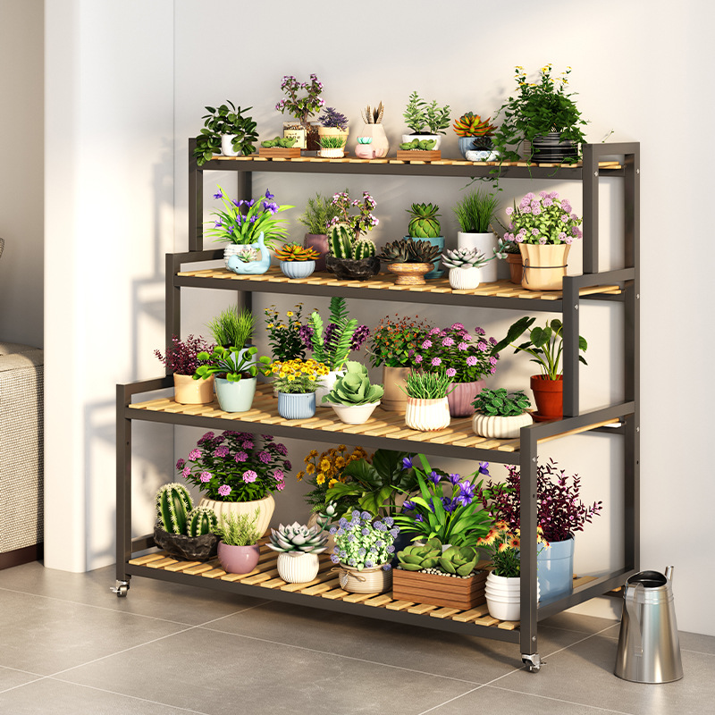 实木花架可移动落地式阳台多肉置物架铁艺阶梯式室外花盆客厅家用