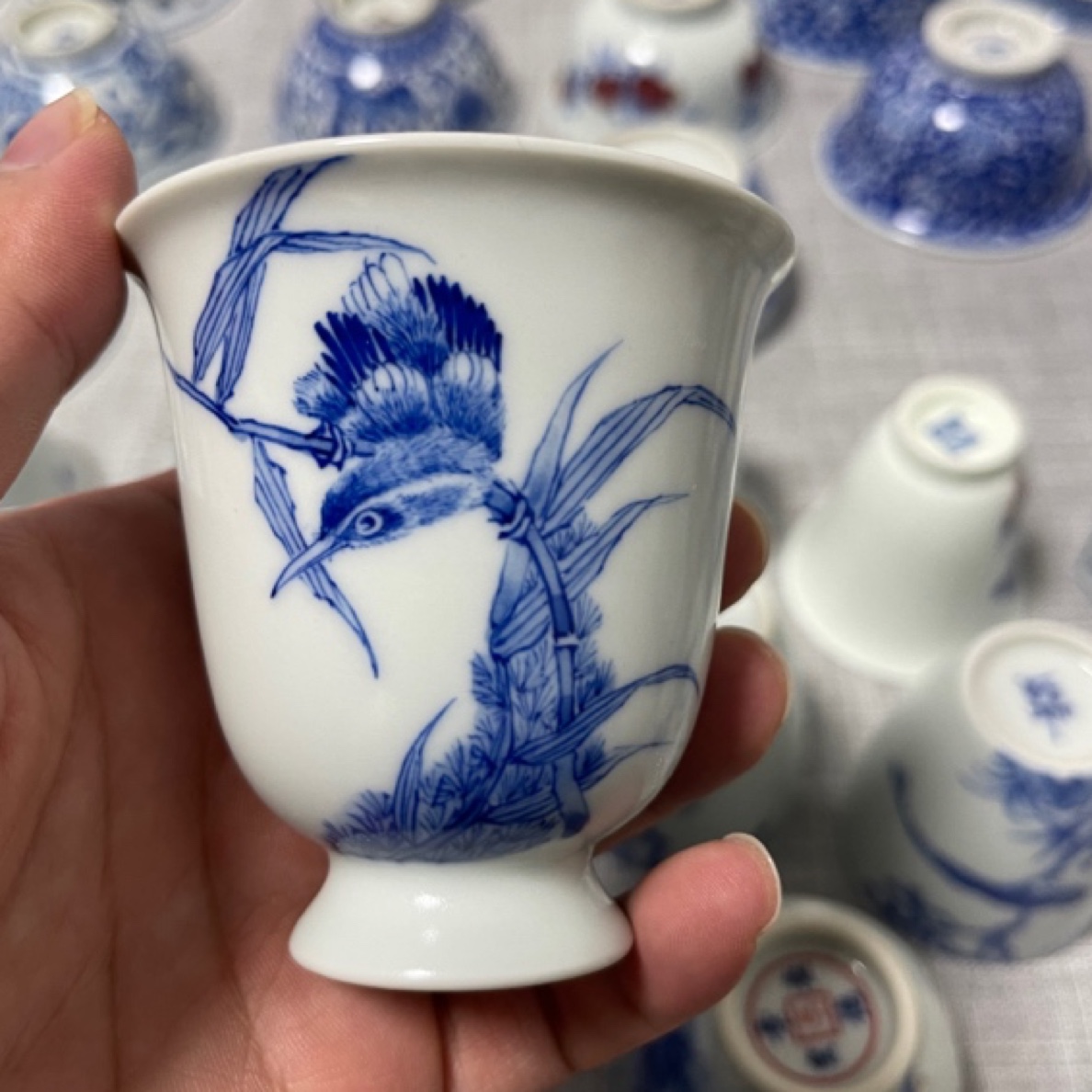 查窑～单翠闻香杯高足杯，仿王步单翠，柴窑手绘，青花陶瓷茶具茶杯