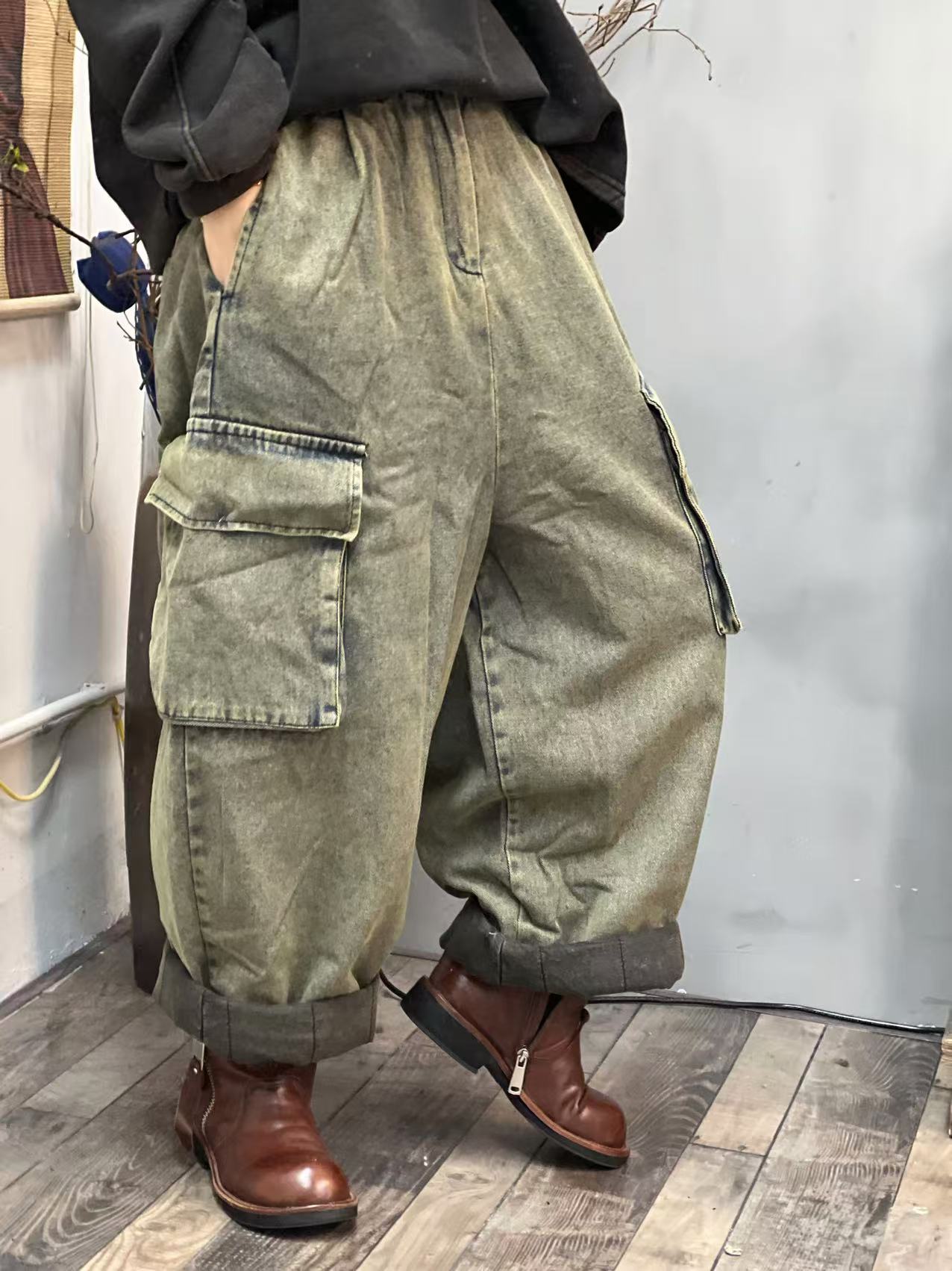 33-859冬季夹薄棉工艺炒色做旧韩版牛仔工装裤(长88臀围132