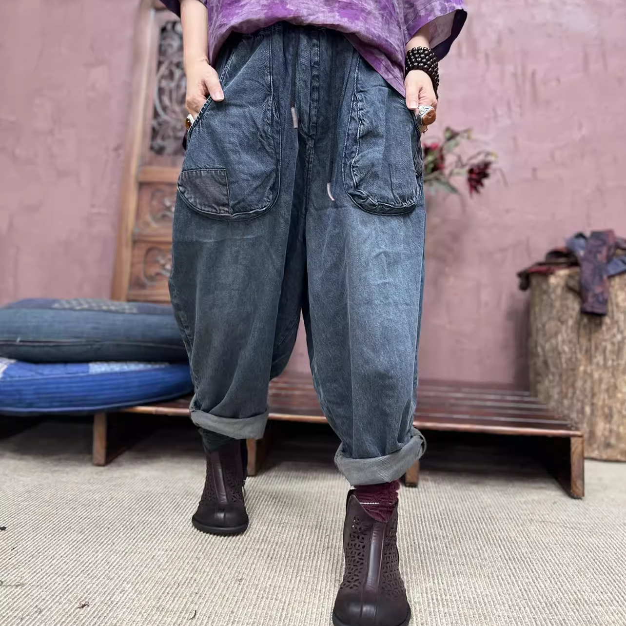 MK臀围126长88麻棉牛仔裤夏季百搭女士裤子