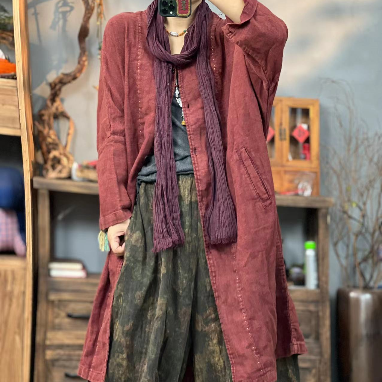 DC 秋季新品亚麻炒色文艺风女士长款风衣 胸围136长98