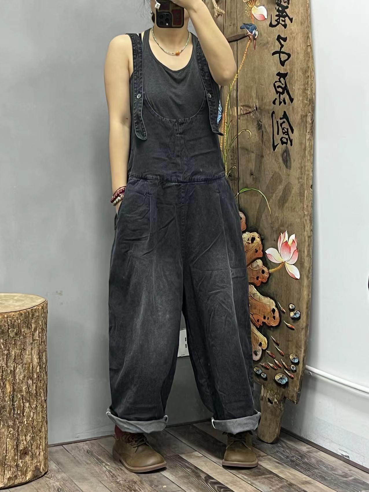 MK 夏款休闲黑色牛仔背带裤百搭时尚减龄不显胖 臀围120 侧边88