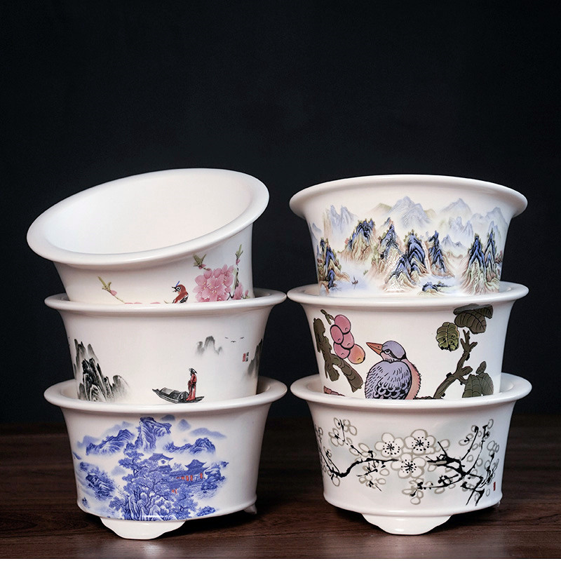 精品紫砂花盆圆形多肉绿植兰花盆栽盆新中式彩绘贴画新款特价精美