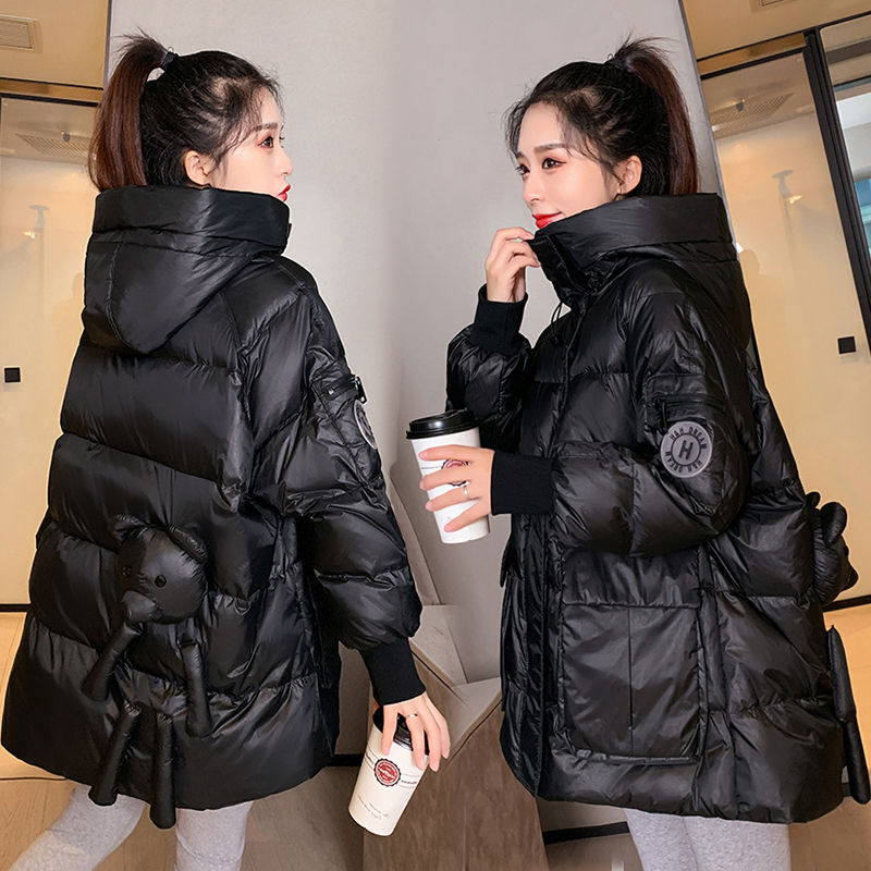 羽绒服女2023新款韩版宽松中长款加厚冬季面包服白鸭绒小熊外套女