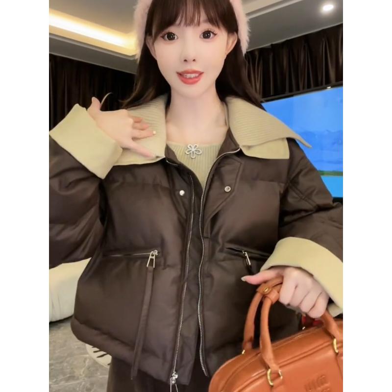 欧货针织翻领短款羽绒服女冬季设计感拼接加厚保暖撞色白鸭绒外套