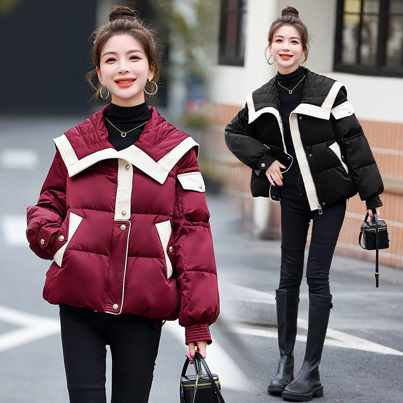 欧洲站2023冬季新款海军领拼色短款羽绒服女翻领拼皮90白鸭绒外套