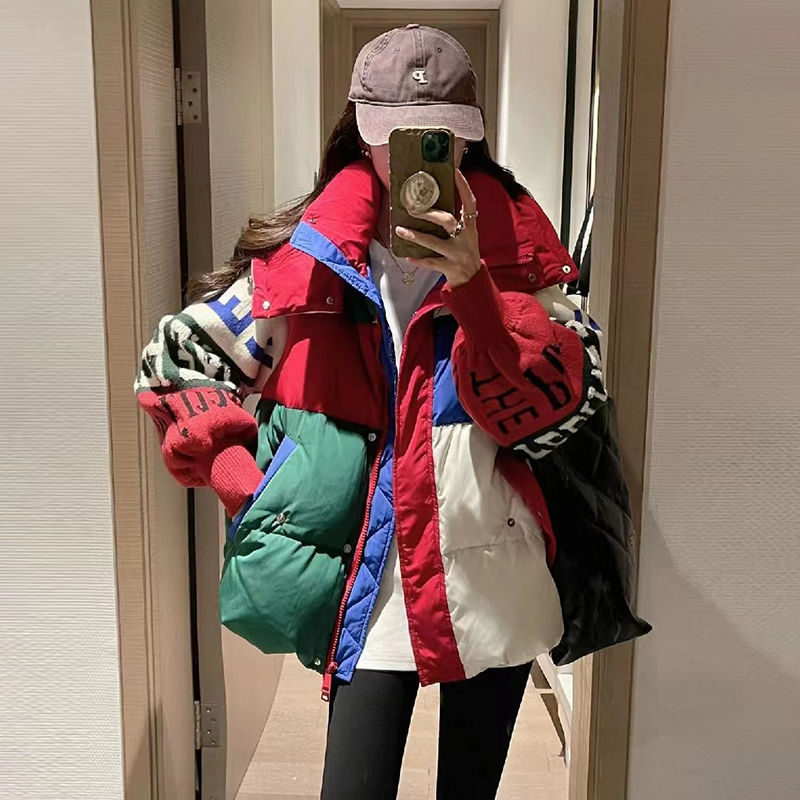 撞色拼接针织袖洋气羽绒服女欧洲站2023冬装新款欧货设计感外套潮