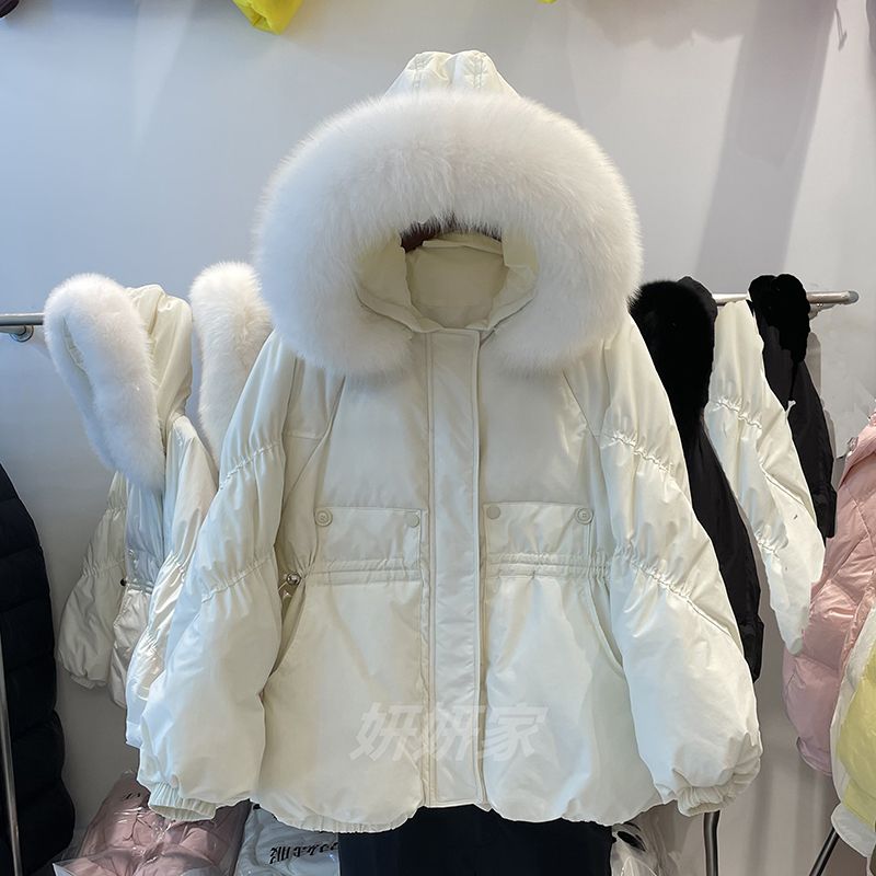 美拉德冬季90鹅绒羽绒服女短款韩版收腰宽松加厚连帽大毛领外穿潮