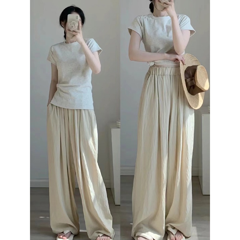 杏色显瘦休闲裤女梨形苹果型宽松直筒高腰雪纺冰丝薄款女士阔腿裤