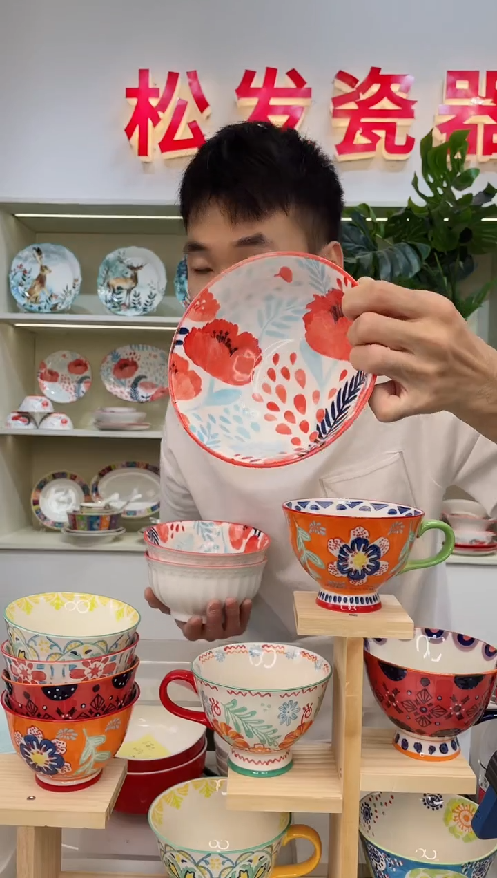 【闪购商品】陶瓷碗6英寸珠点面碗-红花(3个装)