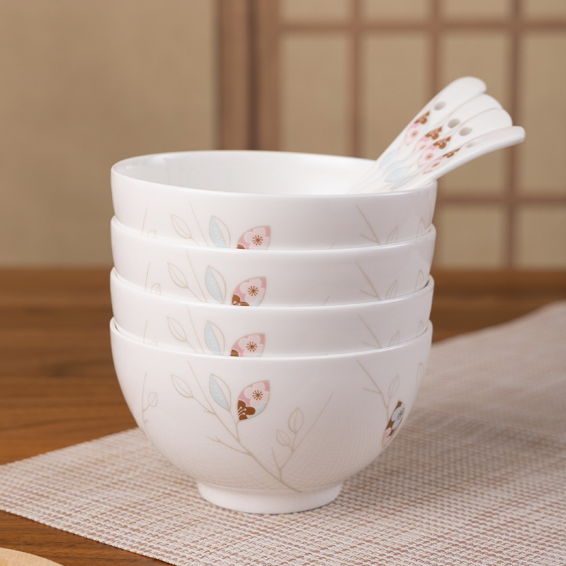 【松发瓷器】骨瓷生命之树四碗四勺饭碗甜品碗陶瓷中式吃饭碗家用
