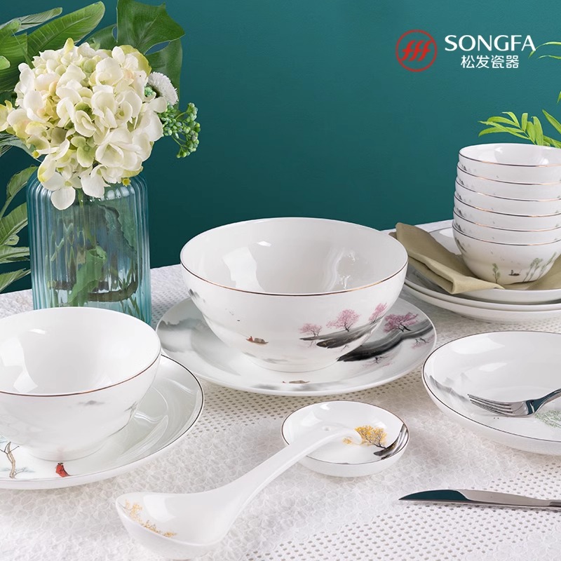 松发瓷器中式碗碟套装家用陶瓷餐具套装乔迁碗盘组合送礼湖光山色
