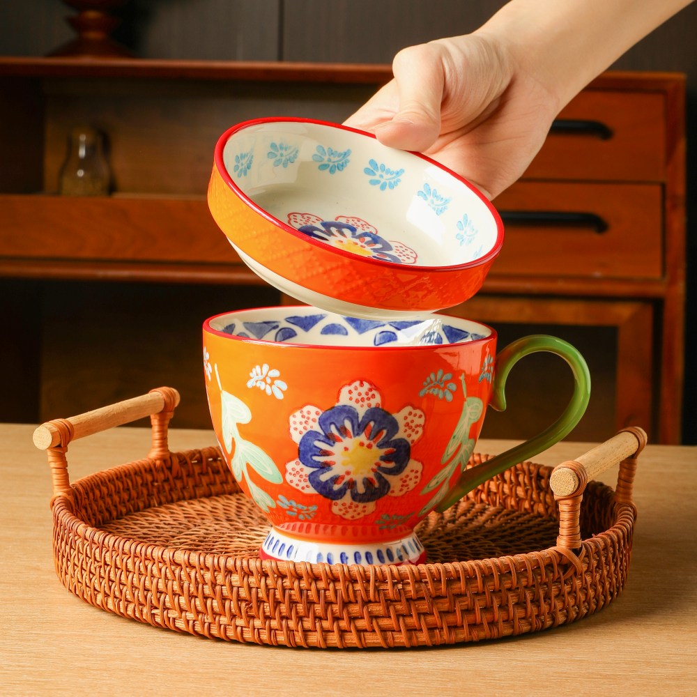 松发瓷器手绘釉下彩早餐杯浮雕盖杯牛奶杯陶瓷水杯大容量马克杯