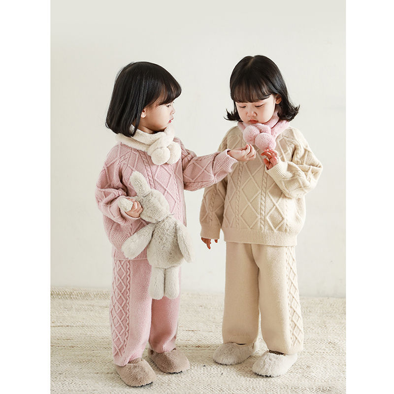 巴拉新品女童针织套装复古绞花工艺2023冬季加厚宝宝北欧风毛衣针