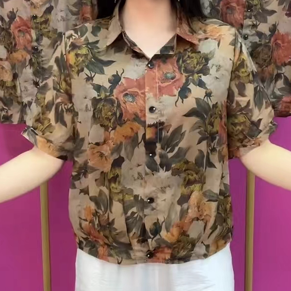 中老年妈妈装夏款短袖碎花百搭衬衫2025新款宽松休闲女士开衫上衣