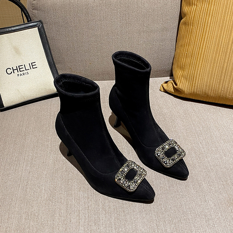 秋冬时装短靴时髦洋气弹力靴百搭时尚高跟尖头细跟小个子瘦瘦靴女