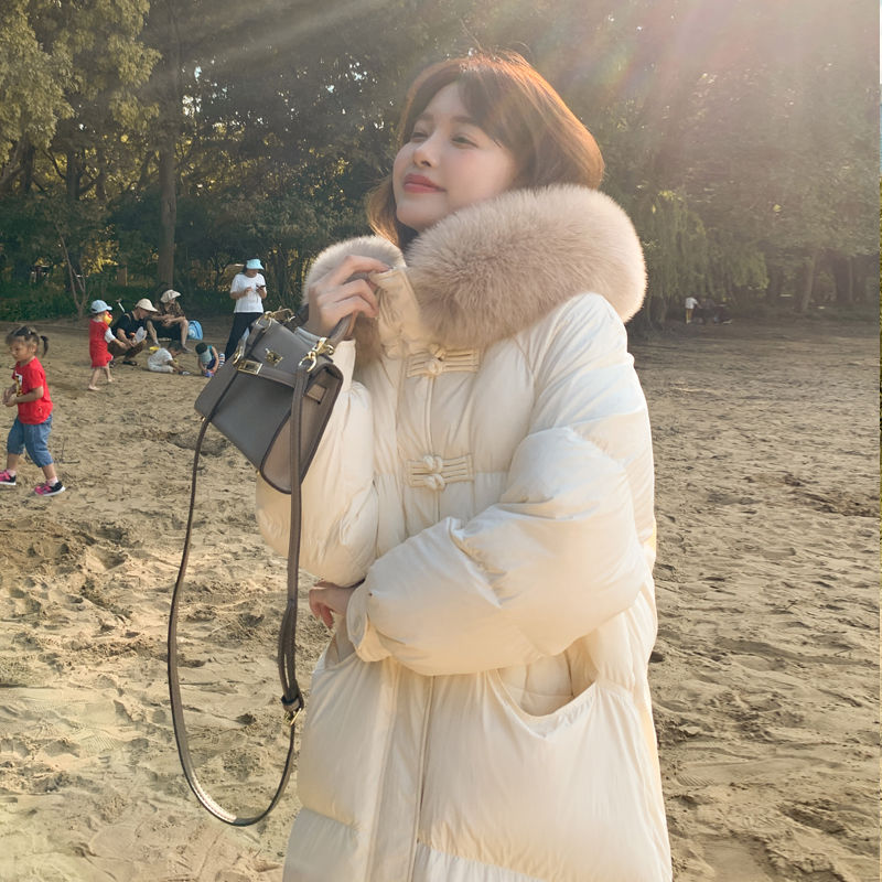 YAYA鸭鸭白鸭绒2024羽绒服大毛领羽绒年女中长款小个子过膝加厚款