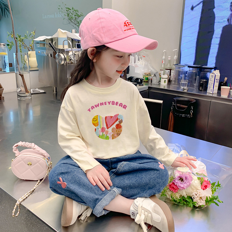 女童长袖纯棉春秋新款2024宝宝儿童T恤上衣白色洋气秋装打底网红